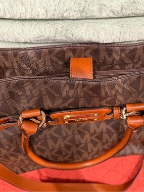 Michael Kors Brown MK Logo Tote with Tan Leather Handles